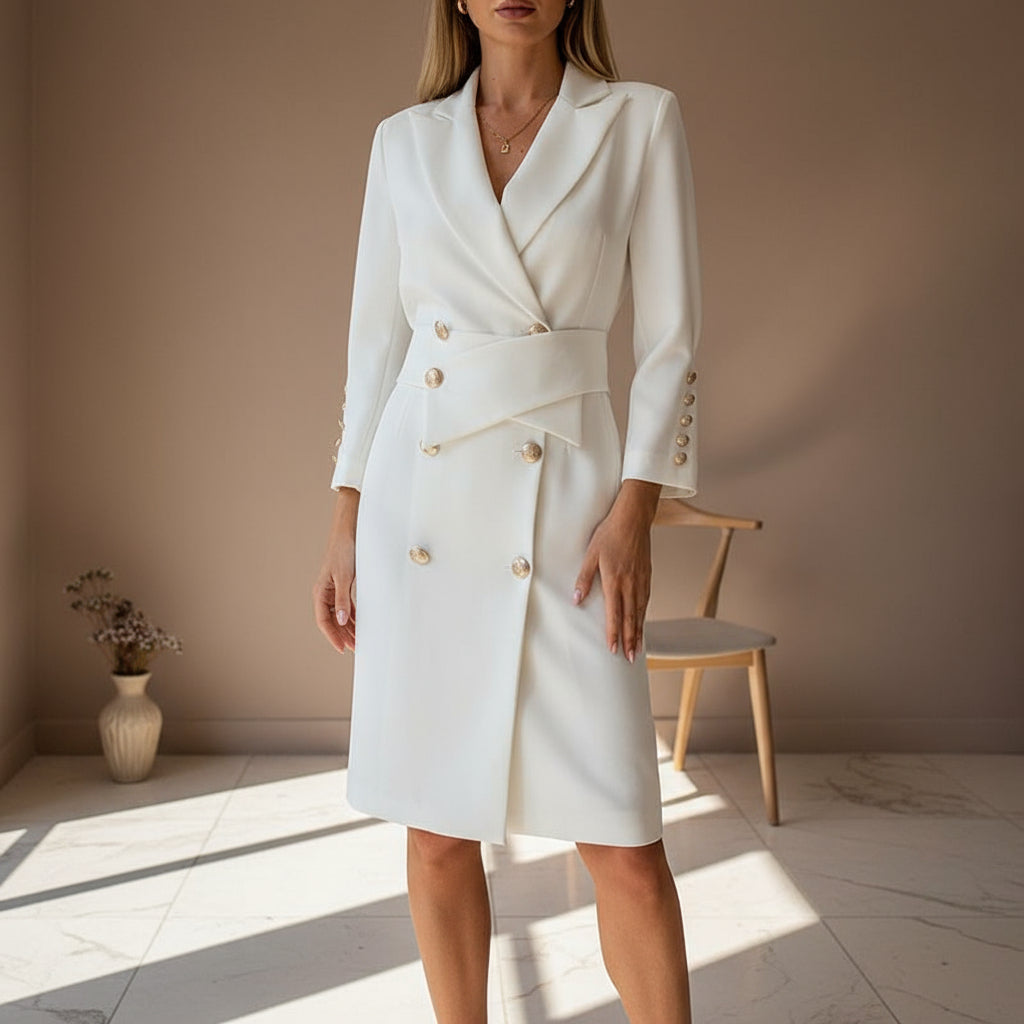 Women’s Dress | Double-Breasted Blazer Style, Midi Length-Blazer Dresses-Zeravi-White-S-Zeravi
