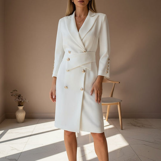 Women’s Dress | Double-Breasted Blazer Style, Midi Length-Blazer Dresses-Zeravi-White-S-Zeravi