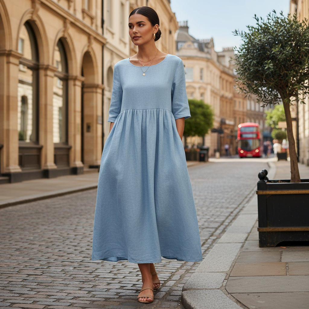 Women’s Dress | Pleated Design, Loose Fit-Midi Dresses-Zeravi-Light Blue-S-Zeravi