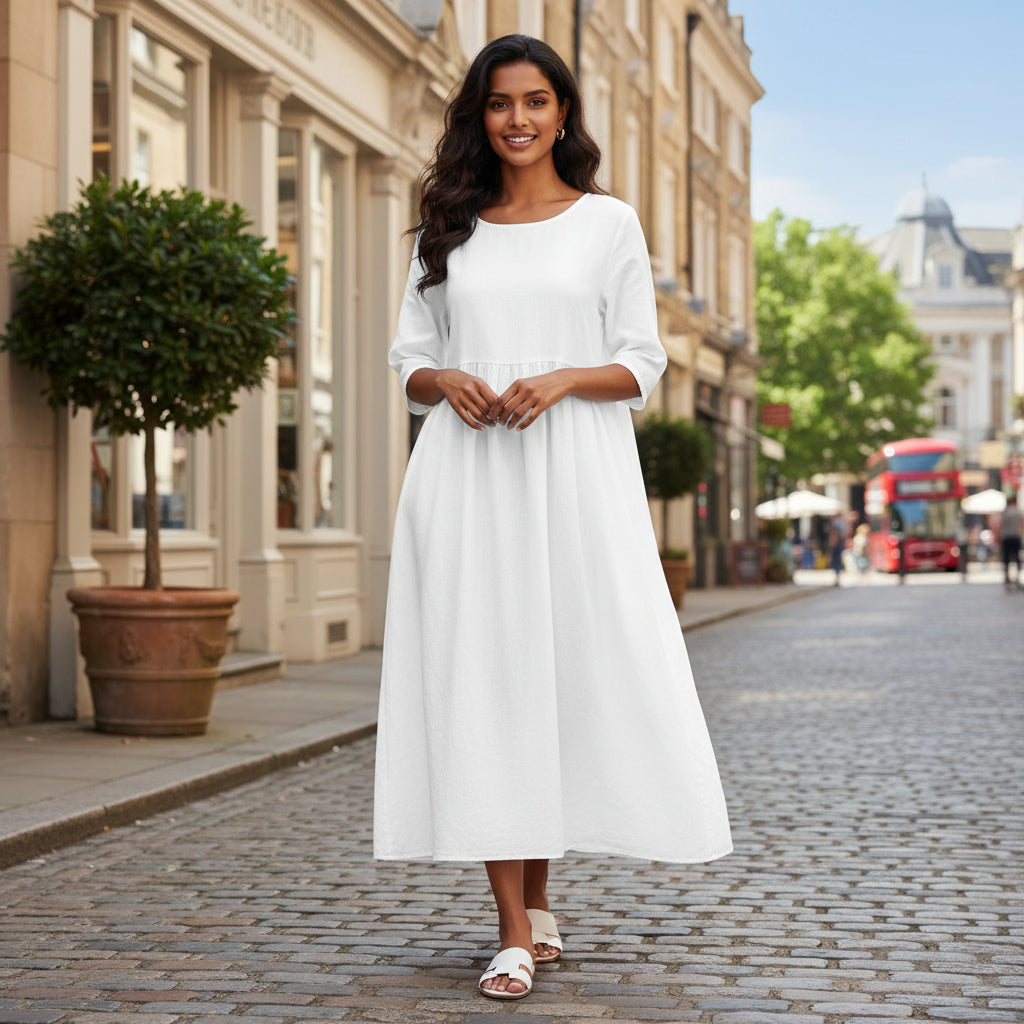 Women’s Dress | Pleated Design, Loose Fit-Midi Dresses-Zeravi-White-S-Zeravi