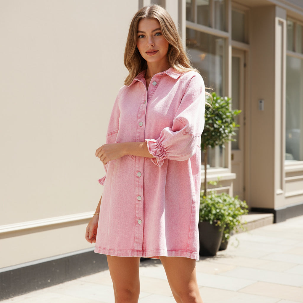 Women’s Dress | Vintage-Inspired Shirt Dress with Lantern Sleeves-Women's Dresses-Zeravi-Pink-S-Zeravi
