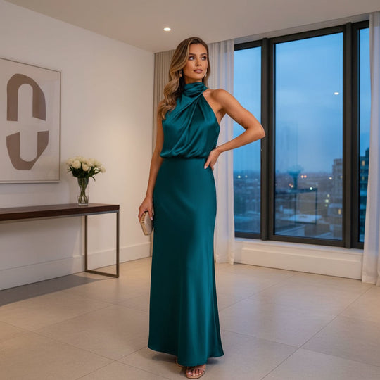 Women’s Maxi Dress | Elegant Halter Neck, Versatile Fit-Women's Dresses-Zeravi-Blue-S-Zeravi