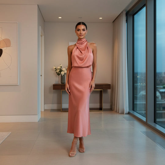 Women’s Maxi Dress | Elegant Halter Neck, Versatile Fit-Women's Dresses-Zeravi-Salmon Pink-S-Zeravi