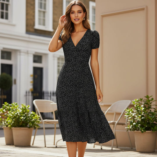 Women’s Summer Dress | A-Line Silhouette, Elegant V-Neck-Women's Dresses-Zeravi-Black-S-Zeravi