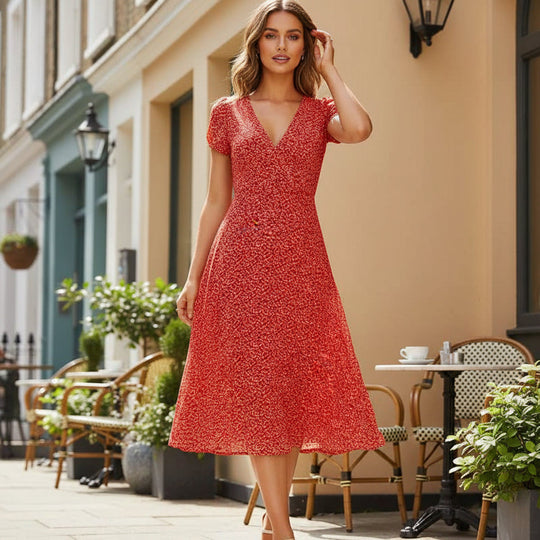 Women’s Summer Dress | A-Line Silhouette, Elegant V-Neck-Women's Dresses-Zeravi-Red-S-Zeravi